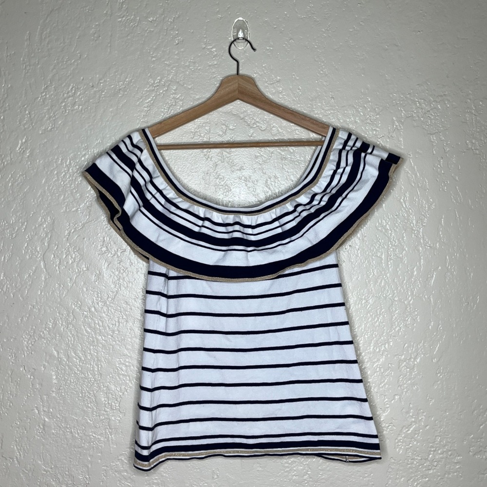 Lilly Pulitzer Perelle Off Shoulder Stripe Ruffle Sweater Top Navy Gold Large - Picture 2 of 8